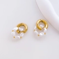 Detailed macro view of gold hoop earrings with cascading white baroque pearls and beads - Five Pearl Detachable Style