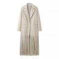 Manteau long en laine beige style britannique pour femmes avec franges et col à revers - S / Ivoire