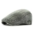 Dark grey washed cotton beret flat cap with adjustable metal buckle and herringbone texture - Adjustable / Dark Gray