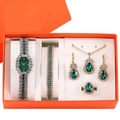 Luxury gold women's watch gift set with green rhinestones, bracelet and necklace - Silver/Green Set
