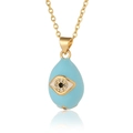 Close-up of gold drop necklace with blue enamel evil eye pendant and zircon stones - Light Blue