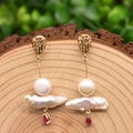 Vintage 925 silver wire-wrapped pearl earrings with red gemstone drops in gold finish - Rose Red