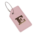 Pink PU leather luggage tag featuring a gold letter E and secure wire loop - Letter E