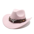 Détail d'un chapeau de cowboy en laine rose avec bande en cuir et tête de taureau - M (56-58cm) / Rose