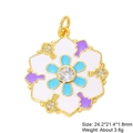 Macro shot of colorful floral enamel pendant with zircon center and gold plating - Blue Purple Floral