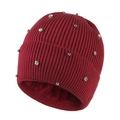 Detailed view of dark red knit beanie with thick fleece lining and pearl embellishments - Adult / Burgundy