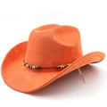 Detail of orange suede cowboy hat with stitched brim and colorful beaded rope band - M (56-58cm) / Orange