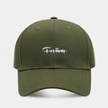 Close-up of Forever letter embroidery on green cotton baseball cap with stitch detail - Adjustable / Army Green