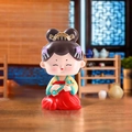 Tang dynasty lady figurine in red and yellow hanfu holding a green Ruyi ornament - As You Wish