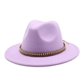 Detail of lavender wool fedora with brown braided band and metallic bead accents - Taro Purple