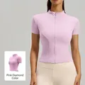 Giacca da yoga aderente rosa diamante ad alta elasticità con colletto dritto e zip - Strass Rosa