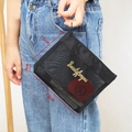 Portable black mesh makeup bag with Beautyforyou print and metallic hook, size 18x15x4cm - 030 Triangle Splicing - Gold Text (Black)