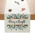 Polyester Christmas table runner with Merry & Bright pinecone print in cream - 33cmx180cm / ZQ16-1 (Pine Cones Merry&Bright)