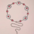 Bohemian silver metal waist chain featuring sunflower links with red turquoise stones - Red