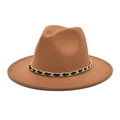 Detail of caramel fedora wool hat featuring a stylish black and gold chain band - Khaki
