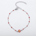 Detail of silver daisy bracelet with red enamel beads and adjustable extension chain - Steel + Red