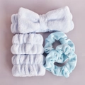 5-piece soft light blue plush spa headband set with matching wristbands and velvet scrunchies - Blue Washing Set (5-Piece Set)