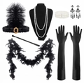 Panoplie Gatsby des années 1920 avec bandeau à plumes noires et bijoux en perles - Ensemble 7 Pièces Strass Noir avec Boa et Porte-cigarette Télescopique