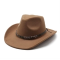 Brown wool felt Western cowboy hat with wide brim and decorative ethnic woven band - M(56-58cm) / Khaki