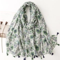Elegant green floral print beach shawl with decorative tassels and a soft cotton-linen feel - Green Vintage Floral (SL2306-020)