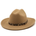 Camel wool fedora western cowboy hat featuring a leopard print belt and gold metal buckle - M(56-58cm) / Camel