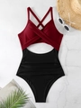 Maillot de bain une pièce bordeaux et noir avec découpe centrale et fines bretelles croisées - S / Haut Et Bas / Rouge Vin + Noir