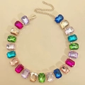 Colorful rectangular crystal necklace with gold chain links and adjustable lobster clasp - Multi-color