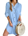 Detail of light blue button-down shirt dress showing sleeve cuff and cotton linen texture - Blue