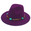 Detail of dark purple wool fedora featuring turquoise bead and metal chain band - M / Purple