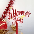 Gold and red acrylic Happy New Year cake topper with decorative stars and festive horn - Fireworks Happy New Year