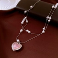 Double-layer necklace with pink heart pendant and white pearls on burgundy satin - Silver Pink Double-layer Heart Pearl Necklace