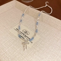 Baroque pearl necklace with light blue frosted beads and silver bow pendant - Silver Blue Bow Pendant Necklace (131#)
