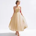 Elegant beige mesh strap evening dress with a cinched waist and pleated flared skirt - US size 2 (S) / Top And Bottom / Champagne