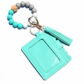 Turquoise PU leather card holder with silicone bead bracelet and tassel keychain pendant - Mint Green
