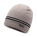 Beige ribbed knit beanie with black stripes and FBQE label for winter warmth - One Size / Khaki
