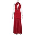 Detail view of red halter dress featuring a 3D rose ornament and pleated sheer skirt - S / Red