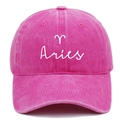 Close-up of Aries zodiac embroidery on pink washed cotton baseball cap with vintage texture - Rose Red