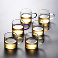 Set of six heat-resistant borosilicate glass tea cups with colorful handles on dark background - 6-Color Assorted Handle Set