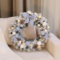 Frosted 40cm Christmas wreath with blue bows, pine cones, and warm LED lights - 50cm Sky Blue Wreath (With Lights)