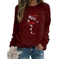 Women's wine red Christmas sweatshirt featuring a festive wine glass print and round neck - S / Tops / Burgundy