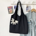Large black pleated canvas tote bag with white lace bow decoration for women - Flower Charm Style / Black