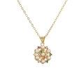 Elegant gold necklace with a round pearl pendant and colorful zircon stones - Flower Round Style (CN001533YH)