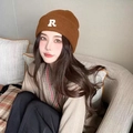 Brown knitted beanie with white letter R patch embroidery for women's winter fashion - R Label-Coffee
