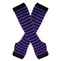 Close-up of purple and black striped knitted fingerless arm sleeves with thumb holes - One Size / Black and Purple Striped
