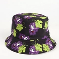 Close-up of black cotton bucket hat featuring purple cartoon grape prints and stitched brim - Grape Black