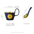 Ceramic sunflower mug set with loop handle and matching spoon in deep blue finish - Floral Impression (with Spoon)