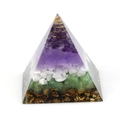 Handmade Orgone pyramid with purple and white crystal layers and golden spiral coil - No.7 Purple & White & Green Layered