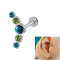 16G stainless steel curved ear stud with five blue and green synthetic opals - Curved 1 OP19+2 Olive Green+Blue Zircon