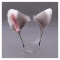 Handmade grey and white plush cat ears headband on a display stand for Lolita cosplay - One Size / Folded Fox Ears - Grey White