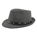 Dark gray wool felt fedora with black leather band and silver skull metal rivets - Skull Rivet Belt Style / Gray